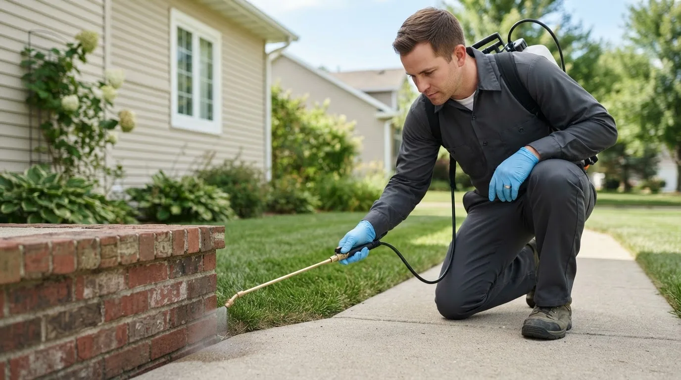 Pest control technician treating a home near Chester, CA